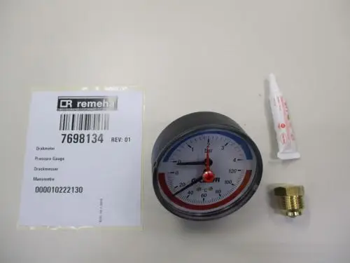 Remeha Druckmesser mit Messbereich von 0 bis 6 bar, abgebildet mit einer Dichtmasse und einem Anschlussstück, auf einem neutralen Hintergrund.
